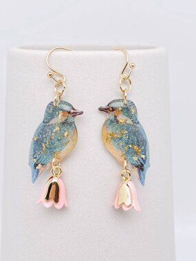 Resin Bird Charm Dangle Earrings - Pink